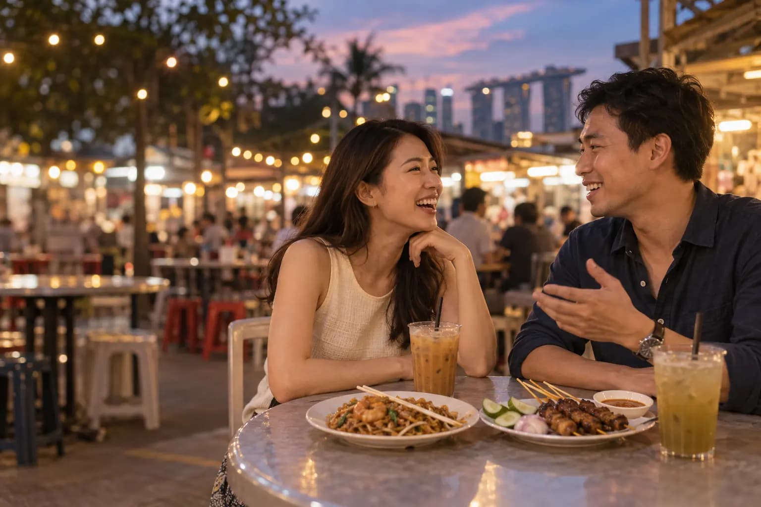 A couple laughing over dinner at an open-air hawker centre at dusk